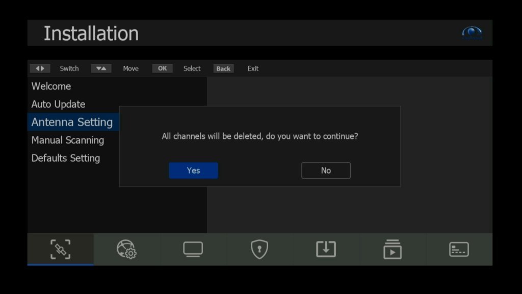Installation Antenna Setting Delete Channels Yes